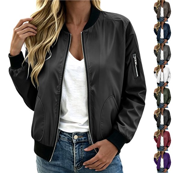Chiccall Women's Zip‑Up Bomber Jacket Long Sleeve Casual Outer Coat With Side Pockets Fall Fashion Streetwear Outerwear Black 3XL