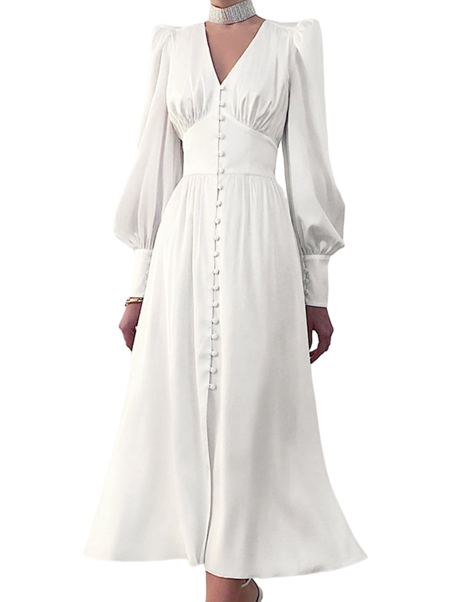 Avamo Womens V Neck Lantern Sleeve Midi 
