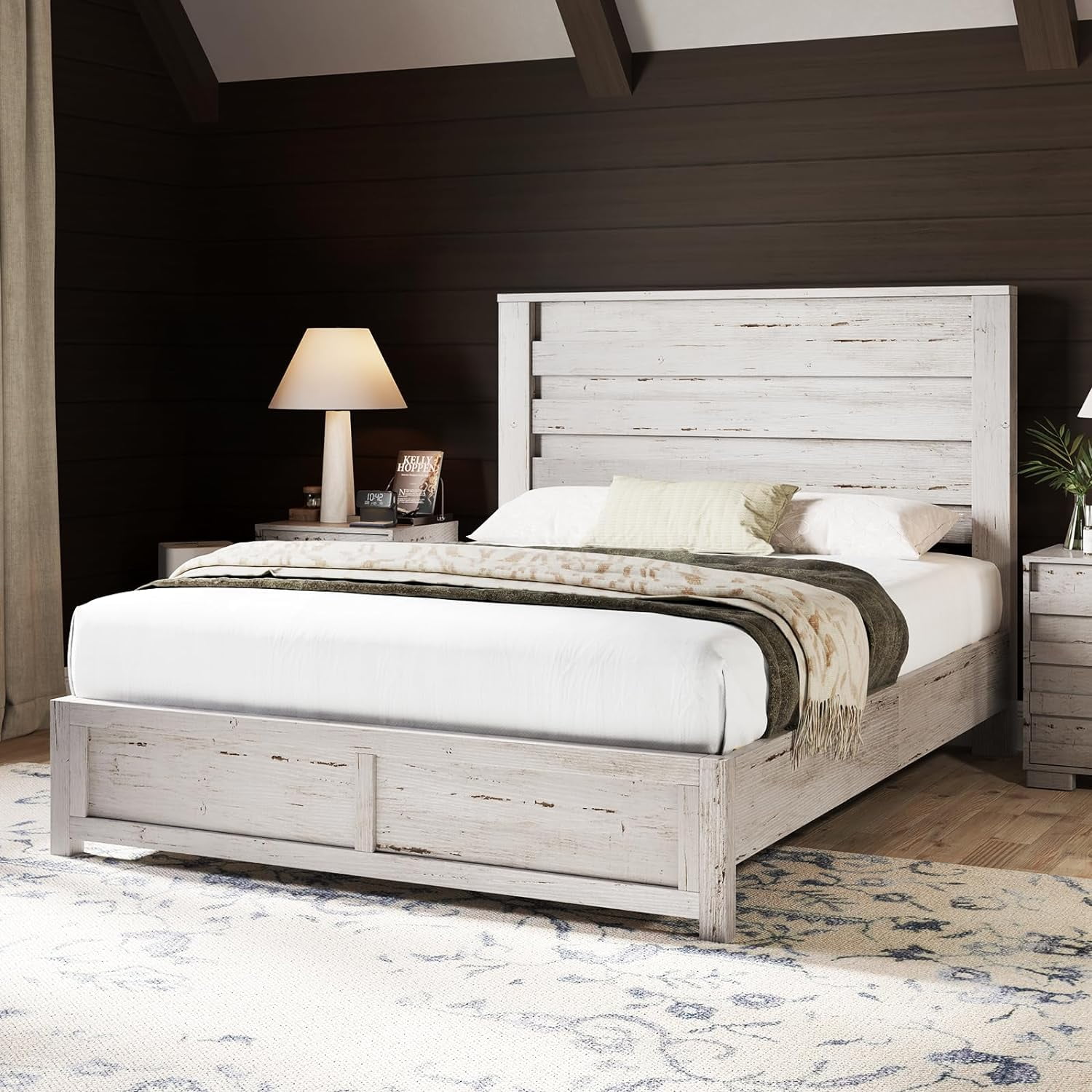 LUXOAK Queen Size Bed Frame with Natural Wood Platform, 49" Fluted Headboard, White