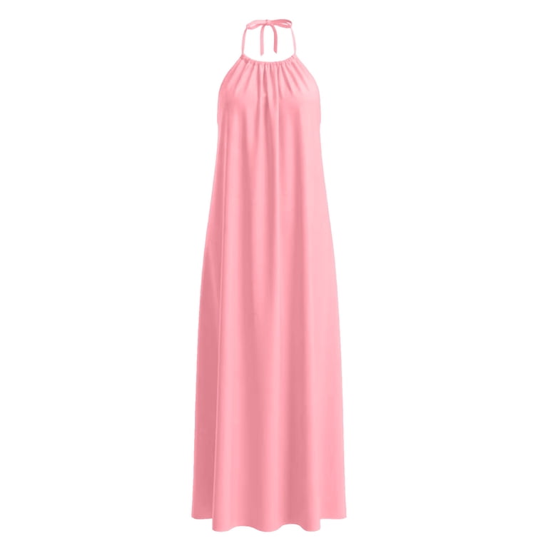 Womens Cotton Linen Casual Sleeveless Halter Neck Backless Pleated Loose  Fit Solid Color Long Maxi Dress Pink - Walmart.com