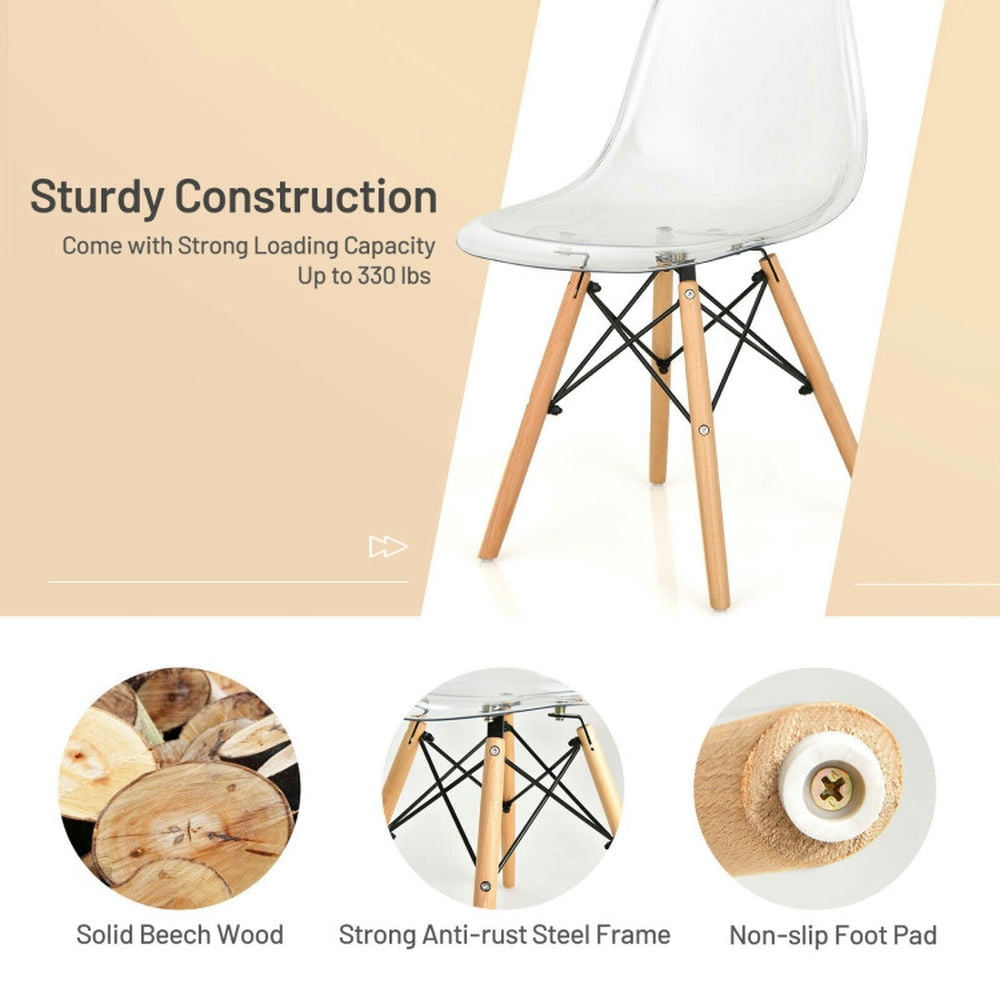 Demi Bonn Set of 4 Dining Chairs Modern Plastic Shell Side Chair with Clear Seat and Wood Legs for Dining Room Living Room, Beige