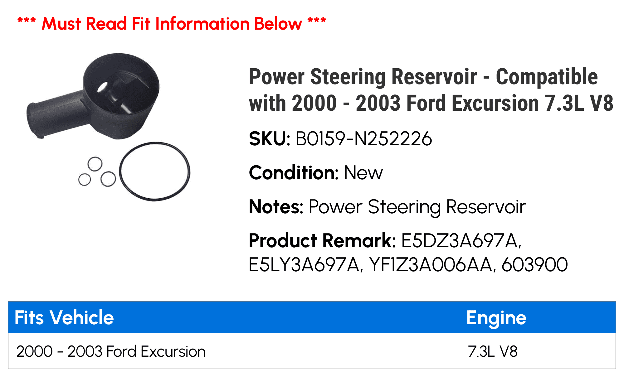 Power Steering Reservoir - Compatible with 2000 - 2003 Ford Excursion 7.3L V8 2001 2002