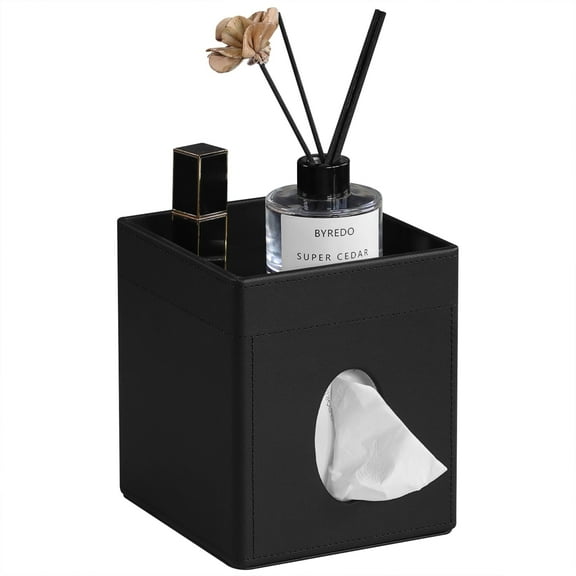 Tissue Box Cover, PU Leather Square Tissue Box Holder with Storage Tray for Bathroom Vanity Countertop Night Stands Bedroom Office Desk, Stylish Tissue Holder Decorative Organizer (Black)