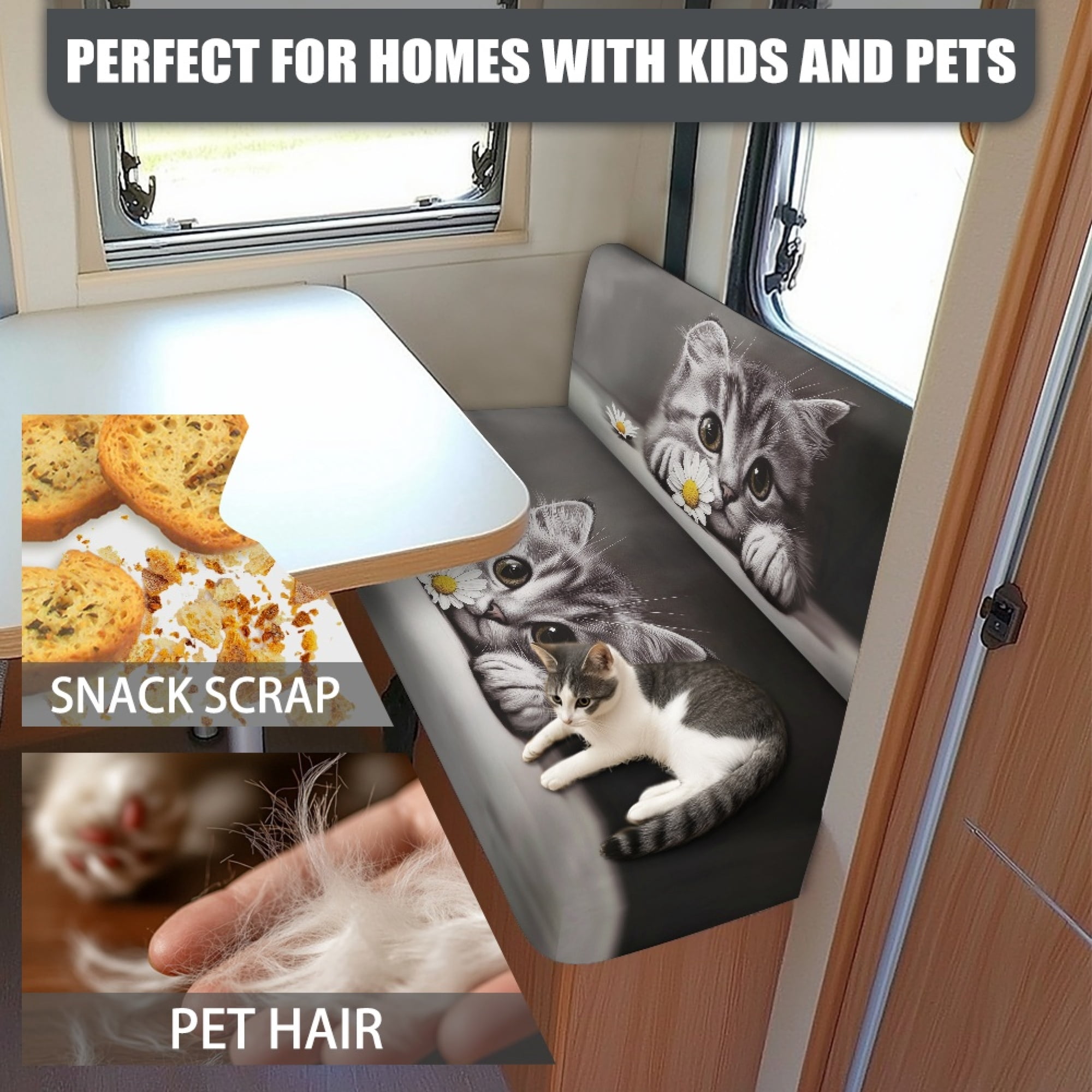 FOR U DESIGNS Cat Daisy Print 2 Pcs RV Dinette Cushion Covers Waterproof Camper Cushion Slipcover Stretch Sofa Furniture Protector Include1 Backrest Covers and 1 Bench Covers