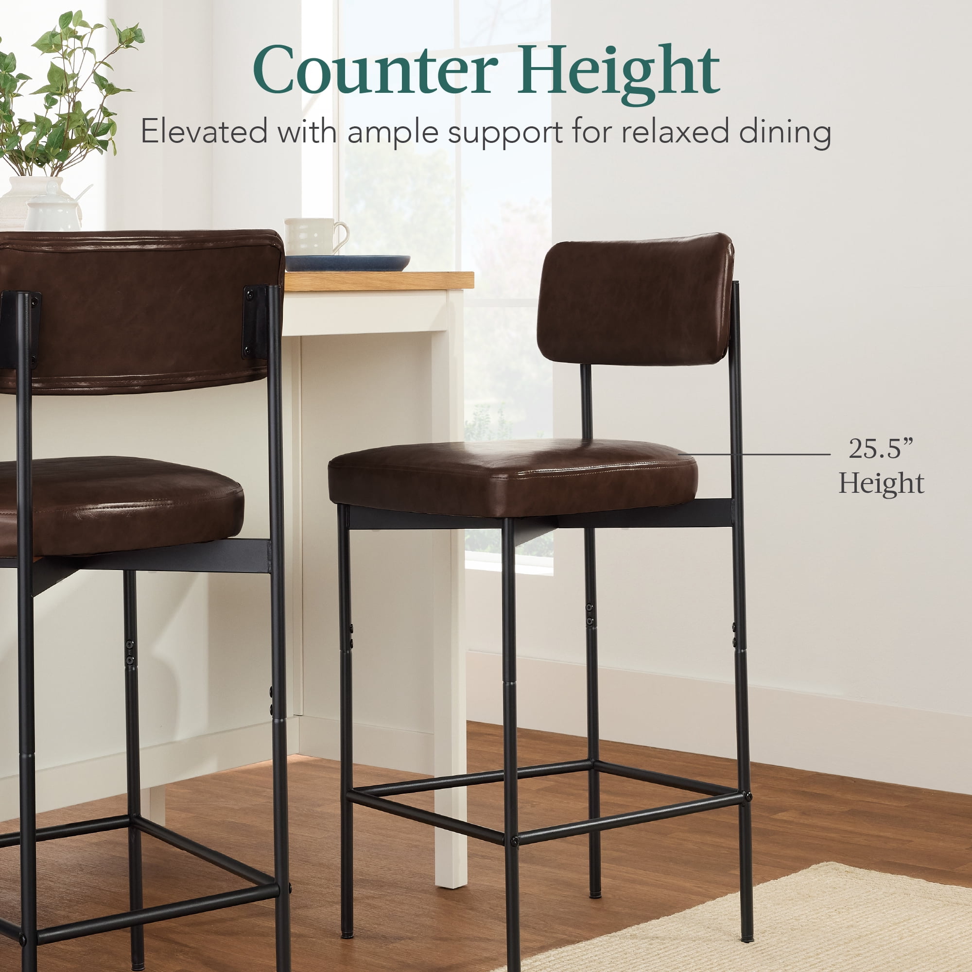 Best Choice Products Set of 2, Armless Counter Height Bar Stools, Modern PU Faux Leather Stools - Mocha Brown