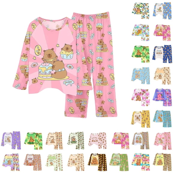 Hpapadks Girls Outfits Cute Capybara Print Long Sleeve Soft Loungewear Tops Pants 2 Piece Pajama Set Girls' Clothing Sets