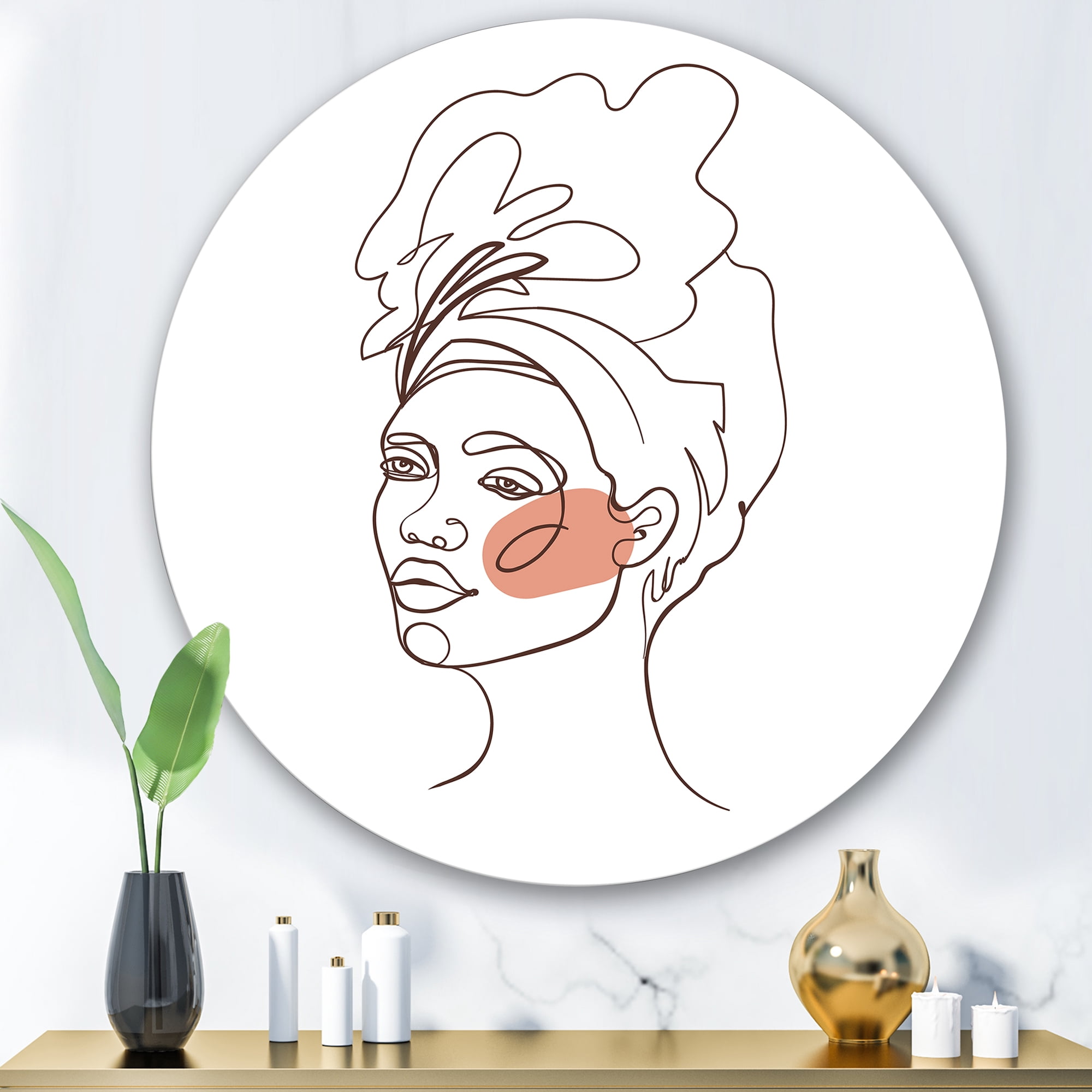 Designart 'One Line Portrait of Afro American Woman III' Modern Circle Metal Wall Art 36x36 - Disc of 36