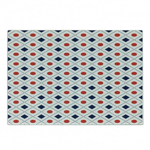 Abstract Cutting Board, Big Red Dots Squares and Dashed Lines Geometric Tile Print, Decorative Tempered Glass Cutting and Serving Board, Small Size, Navy Blue White Red, by Ambesonne
