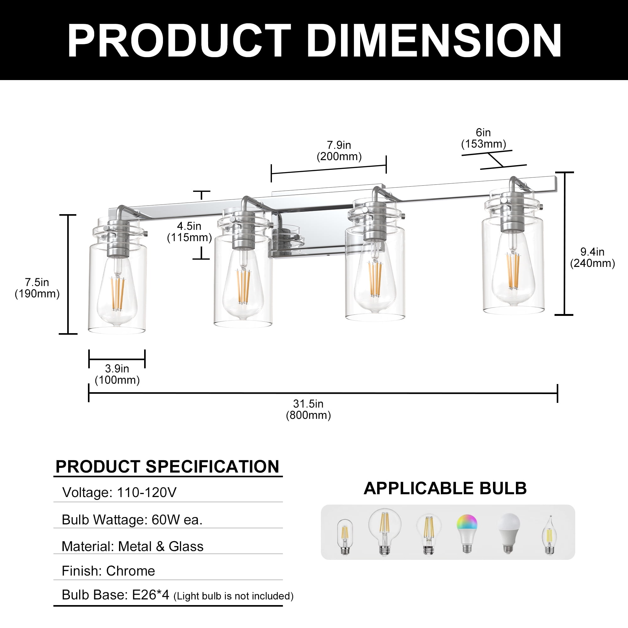 YANSUN 31.5 in 4-Light Chrome Modern Cylinder Vanity Light for Bathroom Mirror with Clear Glass Shades, for Bathrooms, Powder Rooms, or Vanity Nooks