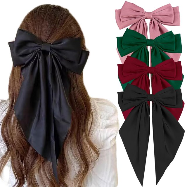 2025 4 piezas de pinzas para el cabello con lazo grande para mujer, horquillas para el cabello con lazo grande de gasa para niña, pasador de satén para mujer, pinza para cola de caballo