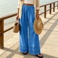 thumbnail image 3 of Karymi Pants for Women Solid Linen Blend Palazzo Pants, High Waist Pleated Long Trousers, Scalloped Eyelet Lace Hem Beach Vacation Pants With Pocket Sweatpants Women, 3 of 5