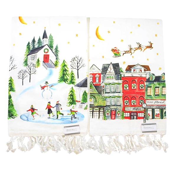 Decorative Towel Village Scene Tea Towels Set/2 Clean Up Kitchen 100% Cotton Mx183443 Set / 2