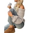 thumbnail image 2 of Female Sweaters Off the Shoulder Long Sleeve Cable Knit Sweater Loose Chunky Pullover Dressy Work Tops Khaki S, 2 of 7