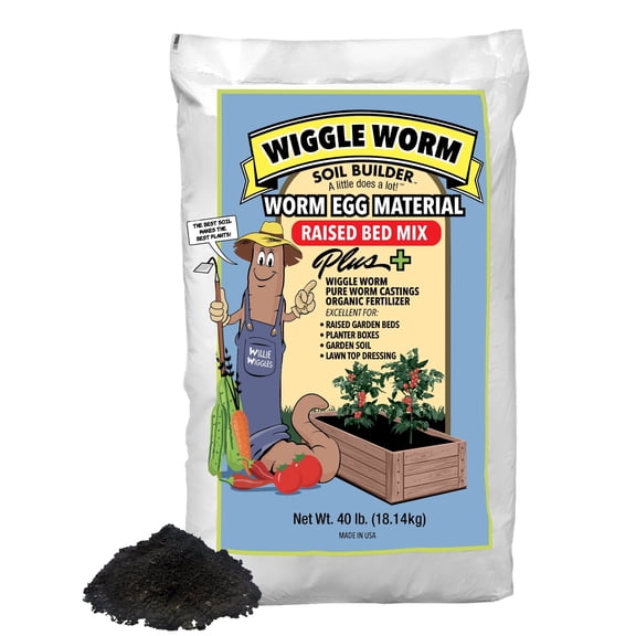 Wiggle Worm Raised Bed Mix, 40lbs - Organic Soil and Fertilizer for Container Gardening - Worm Egg Material Mixed with Odor Free Pure Worm Castings