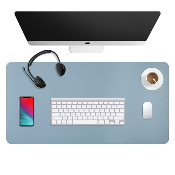 Dual Sided Leather Desk Pad (31.5 x 15.7), Office Waterproof Desk Mat, PU Mouse Pad, Desk Protector Cover, Desk Writing Mat for Office/Home/Work/Cubicle (Light Blue/Silver)