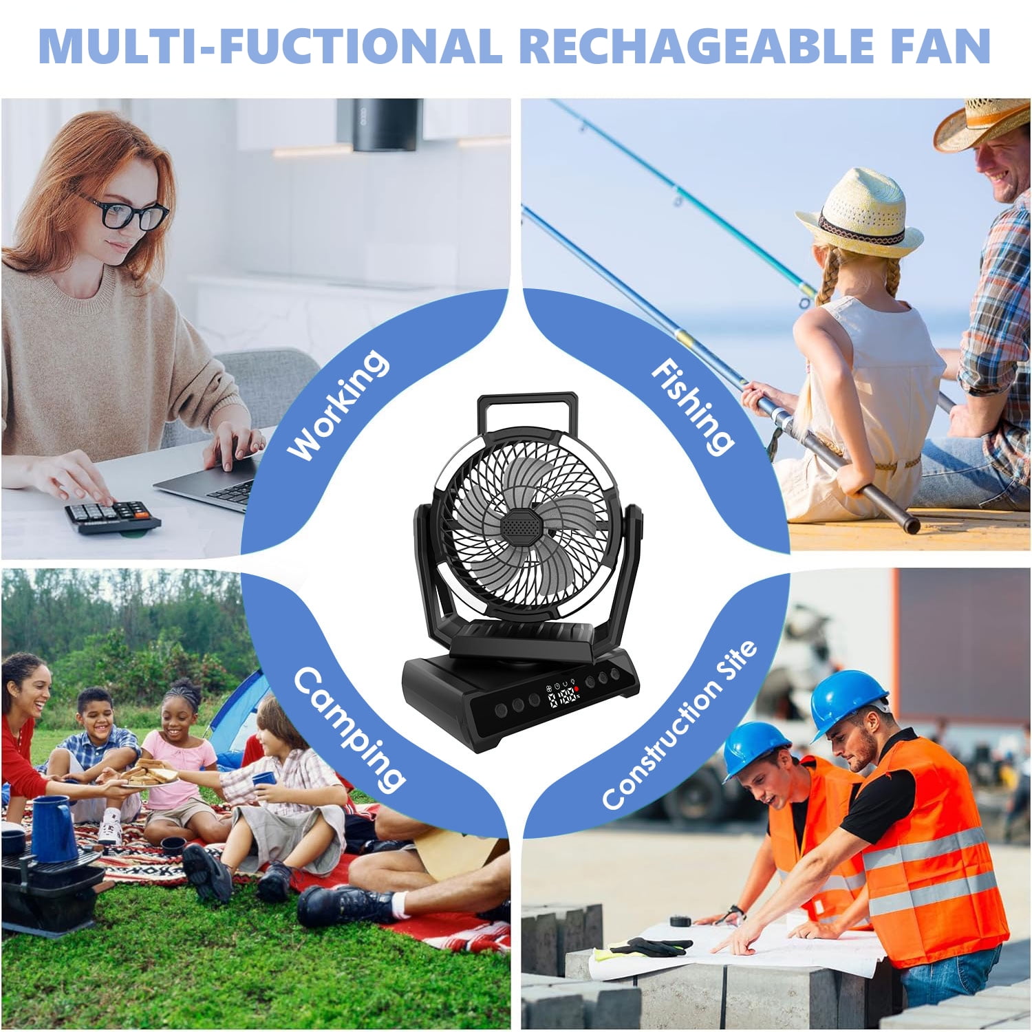 AYAMAYA Rechargeable Camping Fan, 20000mAh Cordless Battery Powered Desk Fan with LED Lantern & Hook 9 Timers USB for Tent Car Trip