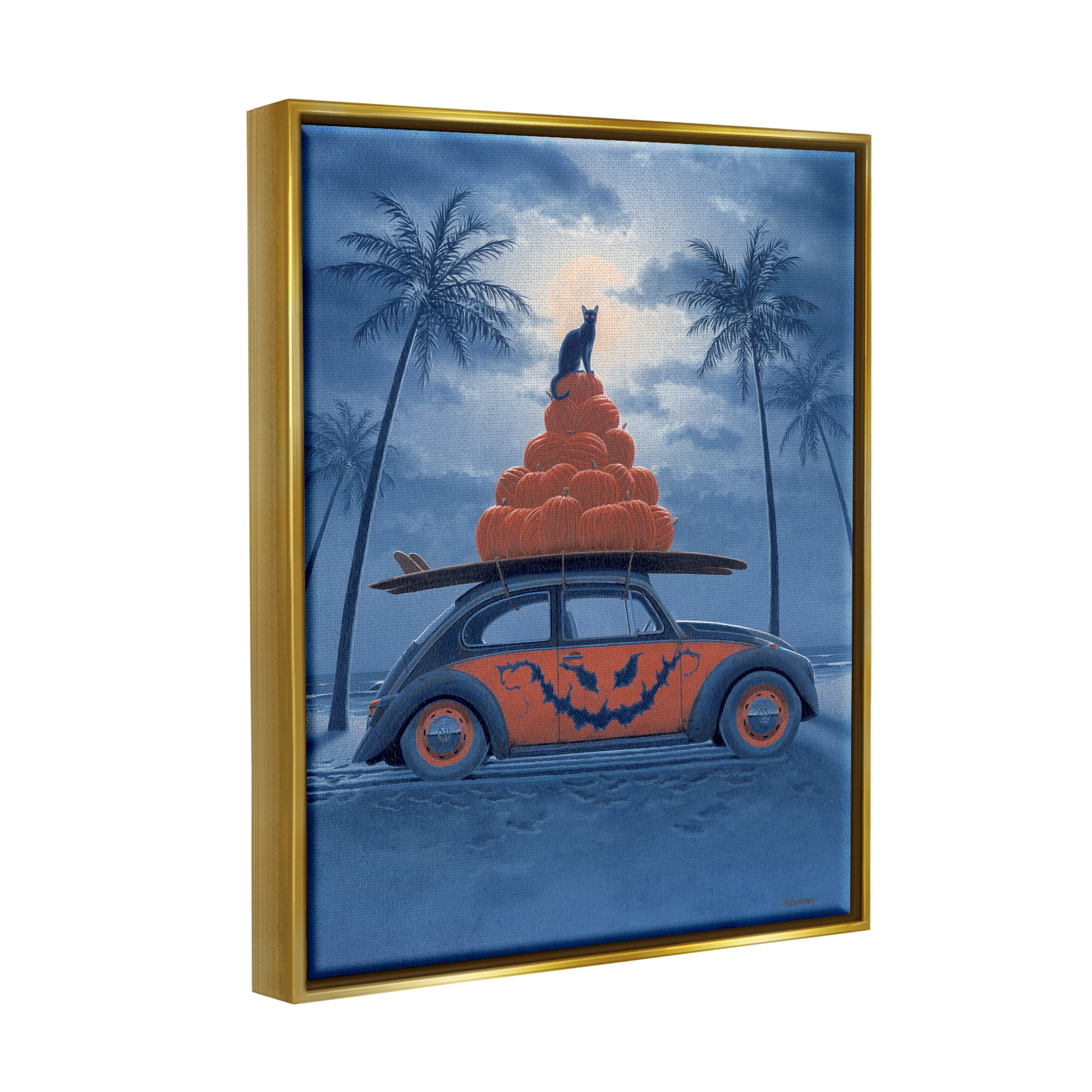 Stupell Industries Spooky Tropical Beach Pumpkin Car Holiday Painting Gold Floater Framed Art Print Wall Art