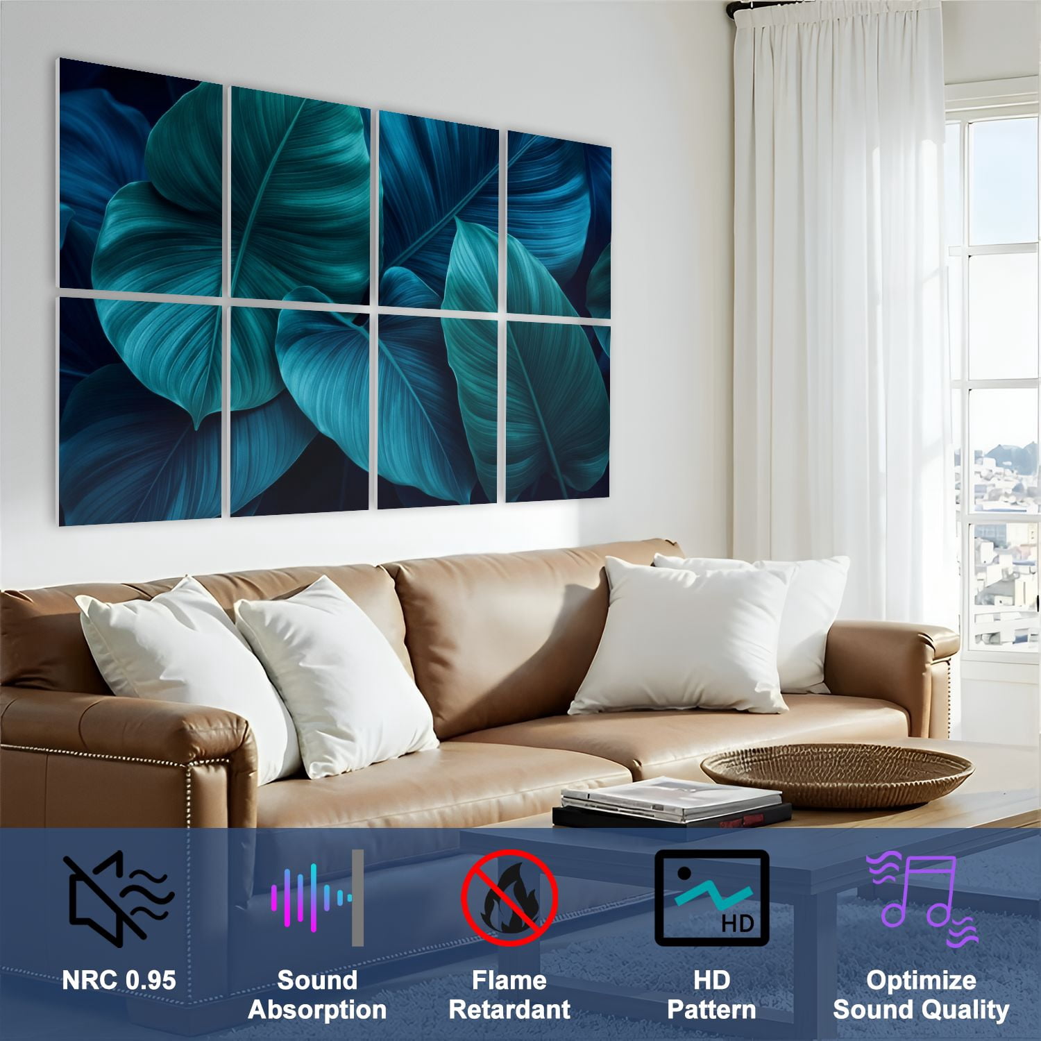 8 Pack Art Acoustic Panels Sound Absorbing Deep Blue Teal Tropical Leaf Abstract Botanical Decorative Soundproof Wall Panels Self Adhesive for Nursery Game Room Bedroom 48"x32"