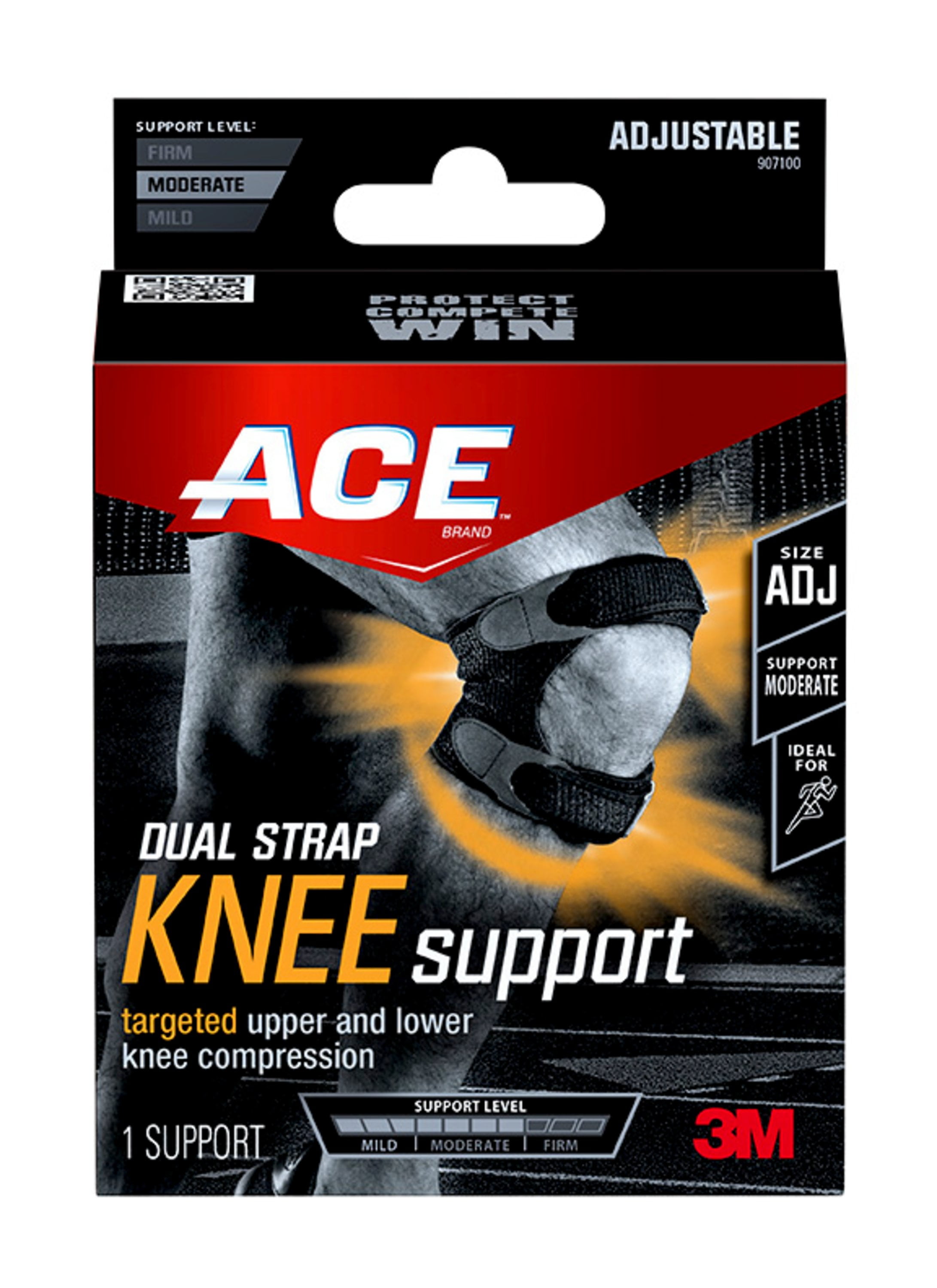 ACE Dual Strap Knee Support, Adjustable, Black, 1/pack