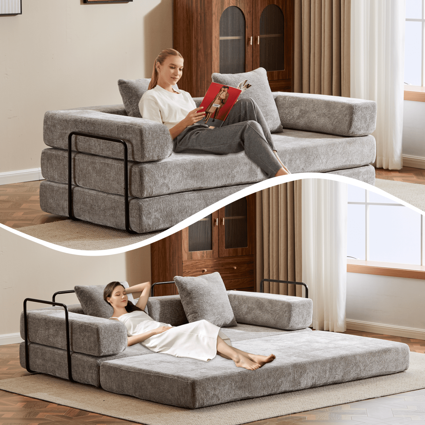 Convertible Sleeper Sofa Bed with Pillows, Chenille Folding Mattress Couch with Fixed-Shape Frame, Floor Sofa Bed Couch for Living Room Bedroom Lounge,Light Gray+Chenille
