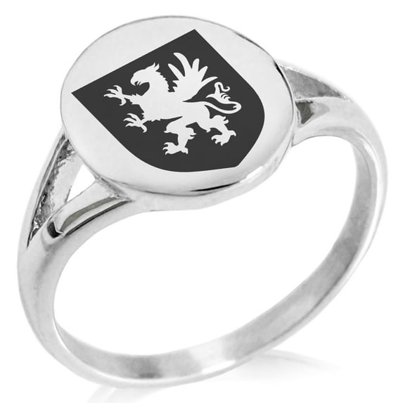Stainless Steel Griffin Valor Coat of Arms Shield Minimalist Oval Top Polished Statement Signet Ring