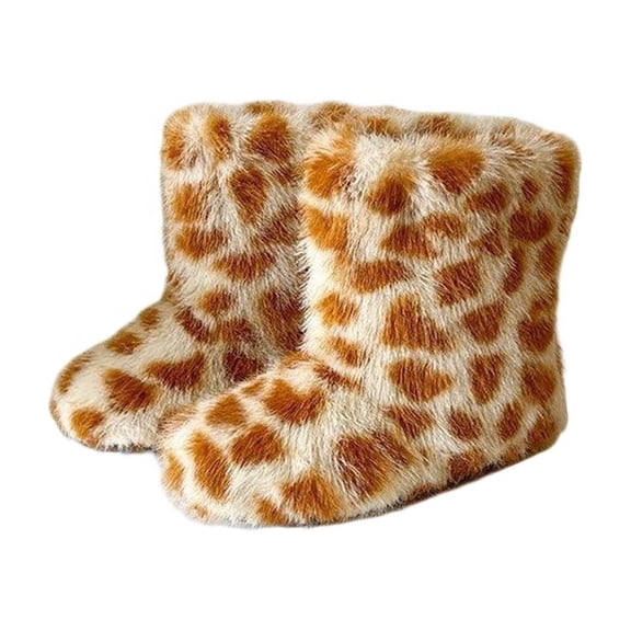 Owordtank Faux Fur Boots for Women Fuzzy Fluffy Furry Round Toe Suede Winter Comfy Plush Warm Short Snow Bootie Flat Shoes