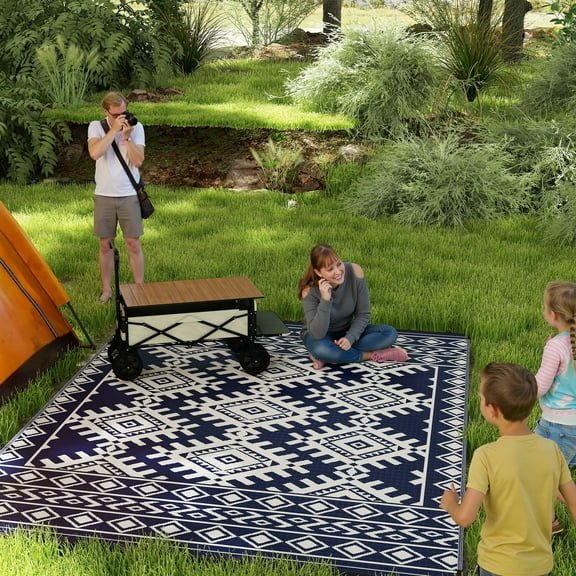 Outsunny Outdoor Patio Rug, Large Camping Carpet with Carrying Bag, 9' x 12' Waterproof Plastic Straw, Reversible, Blue & White Rhombus Border