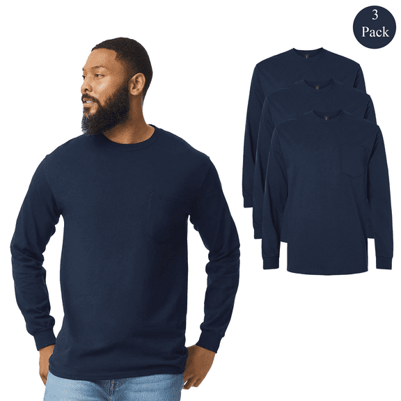 Gildan Pocket T-Shirt for Men, Classic 100% Cotton Long Sleeve Crewneck Black 5 Pack Tee, S