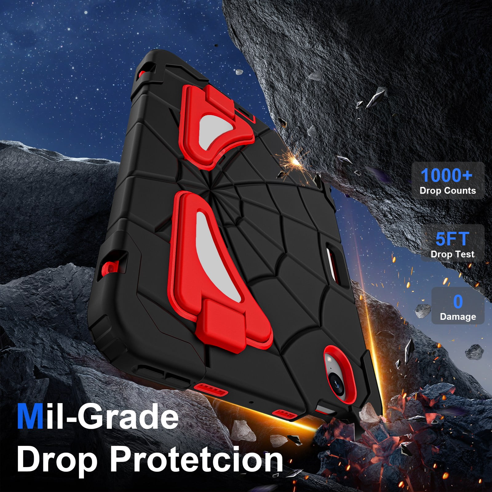 ELEHOLD Kids Friendly Case For Apple iPad mini 7th(A17 Pro) 2024/6th, Heavy Duty Shockproof Rugged Protective Case with Pencil Holder Foldable Kickstand for Boys Children Case, Black+Red