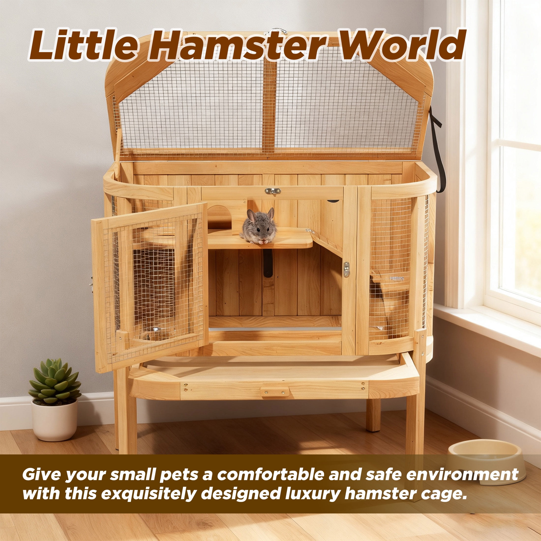 Large Wooden Hamster Cage with Openable Top,Chew Proof Hamsters Enclosure with Detachable Leg Design and Tray,Natural