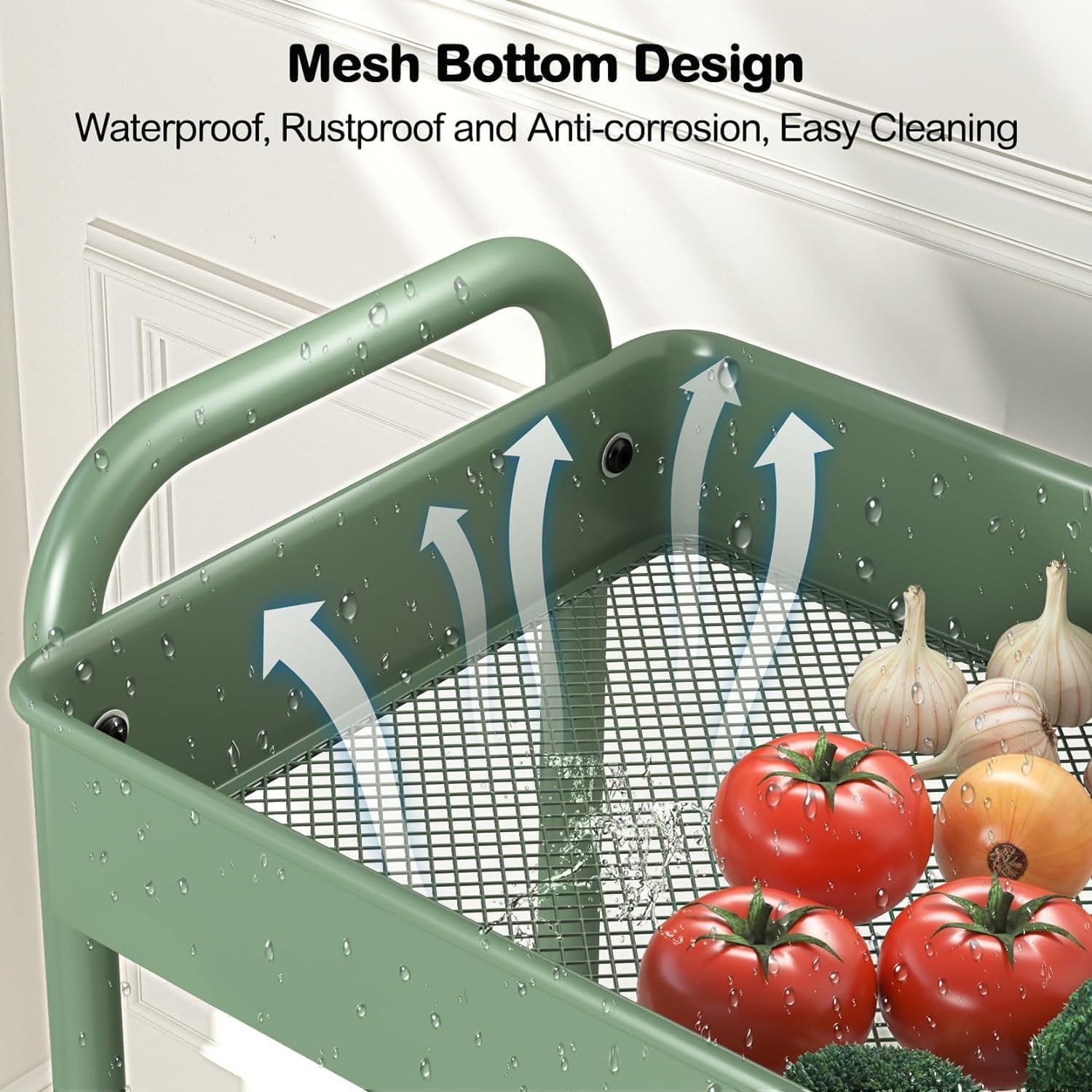 3-Tier Rolling Cart, Green, 66 Pounds Capacity, Mesh Storage Organizer with Lockable Wheels, 3 Hanging Cups, 4 Hooks, Easy Assembly, for Kitchen, Bathroom, Laundry, Grocery