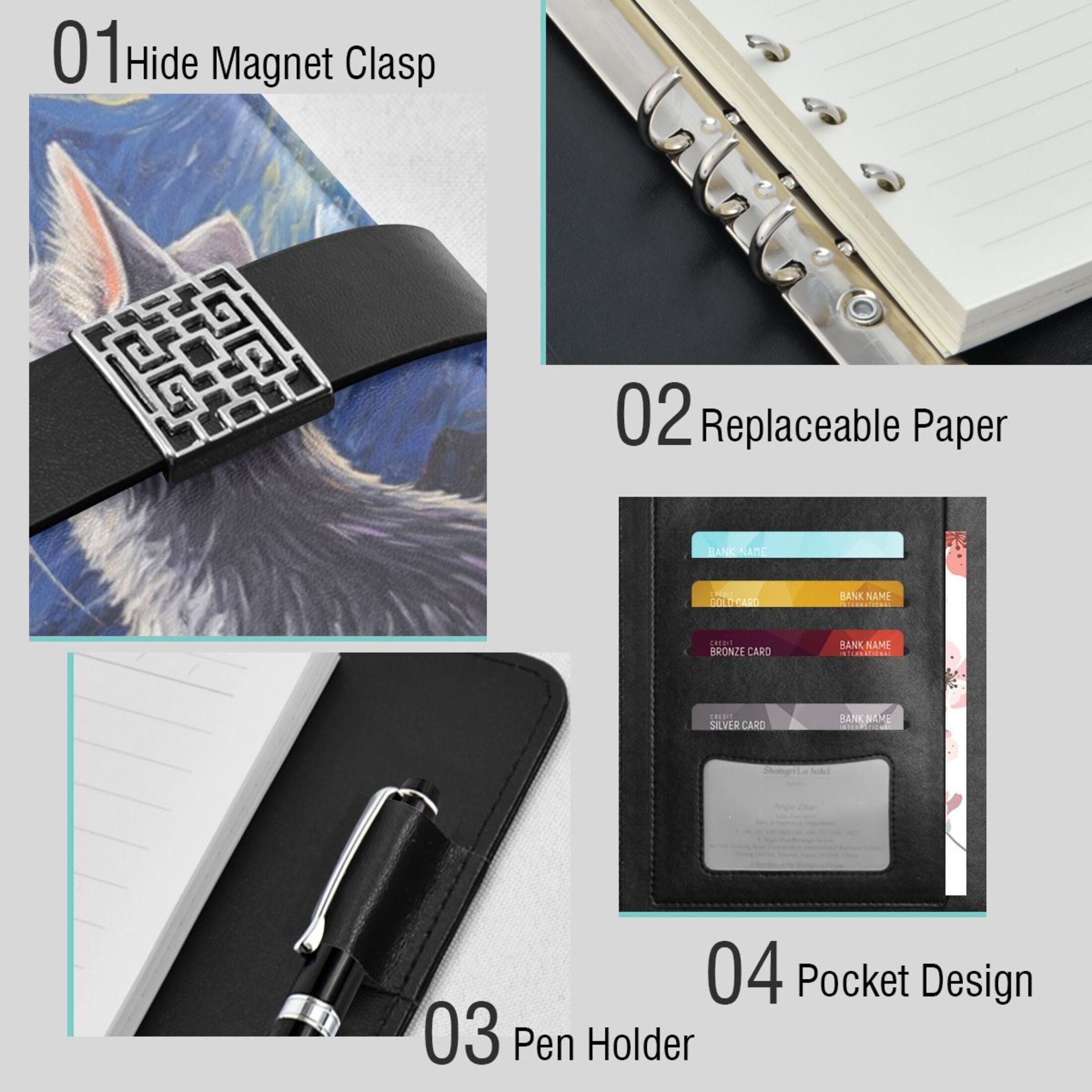 Leather Planner Leather Notebook Notebook Journal Binder Design Pen Pocket Design Convenient for Storage Star Cat