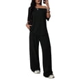thumbnail image 2 of Women'S 2 Piece Travel Outfits Casual Short Sleeve Knit Sweater Set Wide Leg Pants Lounge Sets Black XL, 2 of 8