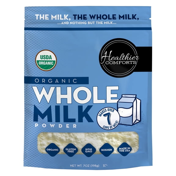 Healthier Comforts Organic Whole Milk Powder 7oz | Certified USDA Organic | Kosher, Gluten Free, Non-GMO Dry Powder Whole Milk | Dried Milk w/Resealable Packaging, Shelf Stable