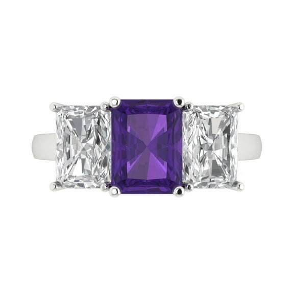 Three-Stone Engagement Ring for Women - 4ct Natural Amethyst in 18K White Gold Promise Ring