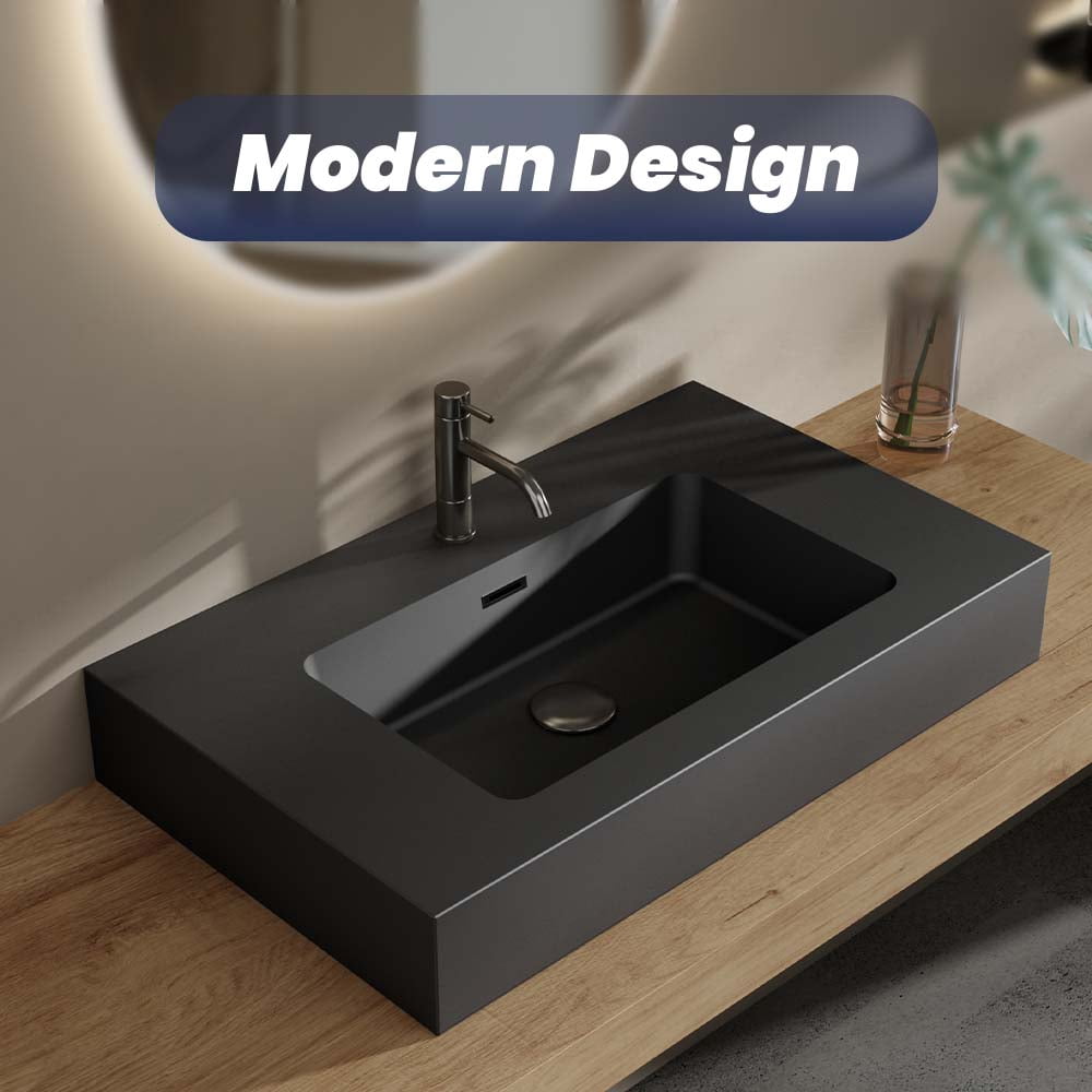 CITTANEO 30 inch matt black Integrated engineered quartz sink - Vessel Bathroom Vanity Basin Without Drain and Faucet