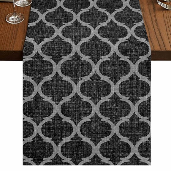 Black Morocco Short Table Runner 36 Inches Long,Boho Vintage Quatrefoil Geometric Plaid Cotton Linen Table Runners Dresser Scarves,Fabric Tabletop Scarf Furniture Cover for Home Dinner Party 13"x36"