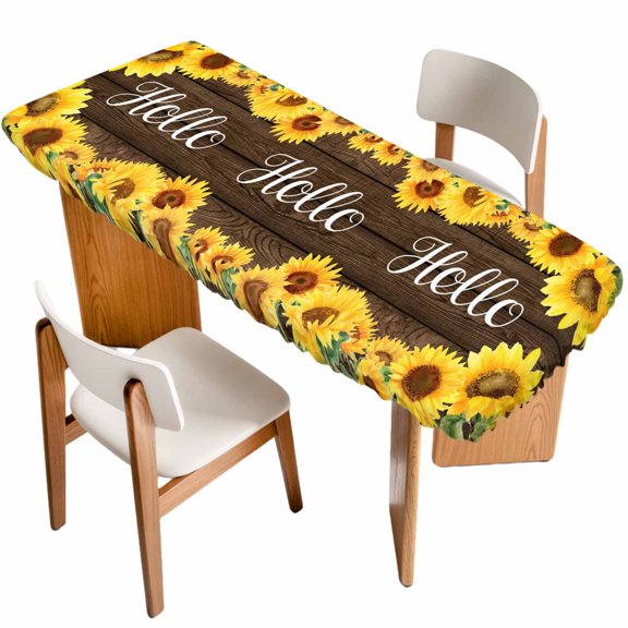 Sunflowers Table Cloths for 8 Foot Rectangle Tables, Yellow Summer Botanical Elegant Flowers Wooden Patio Waterproof Elastic Fitted Tablecloths, Washable Rectangular Table Cover for Camping