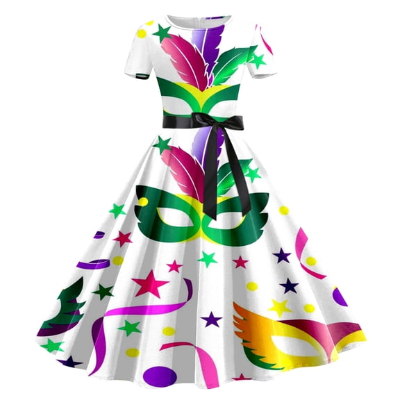 FYEGRE Women's Carnival Dress 1950s Floral Print Party Dress for Women Elegant Short Sleeve Swing Prom Gown White XL
