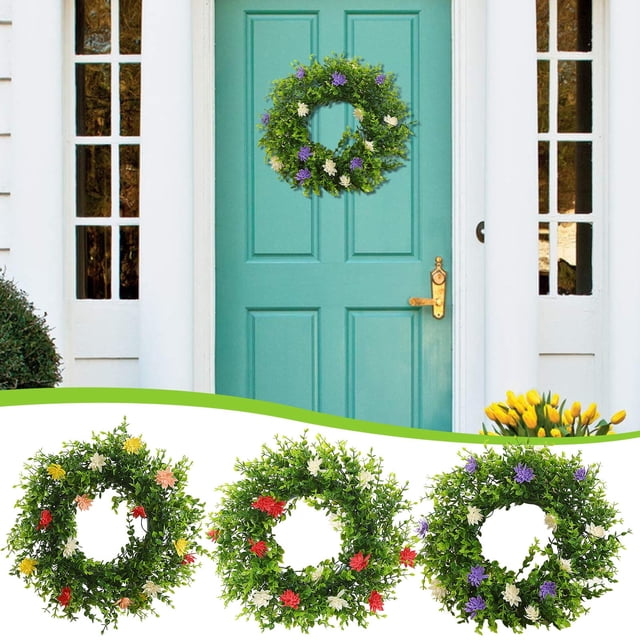 Corona de primavera para puerta de entrada | Guirnalda de bienvenida floral artificial | Decoración floral de verano | Anillo de planta inmortal al aire libre | Material plástico | Elegante