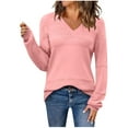 thumbnail image 2 of PiGOGI Women's Hollow Knit V-Neck Sweater - Long Sleeve Casual Pullover Top Soft Acrylic Fashion Blouse Pink XL, 2 of 5