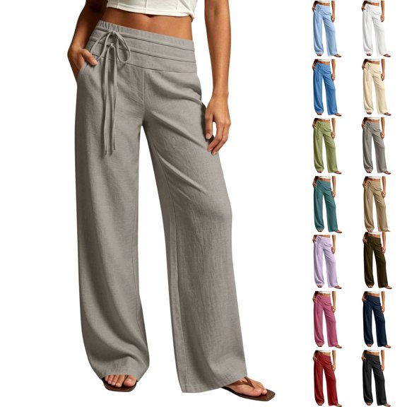 Sweatpants for Women Solid Color Cotton Linen High Waisted Drawstring Elastic Waist Pants with Pockets for Streetwear Casual Outings