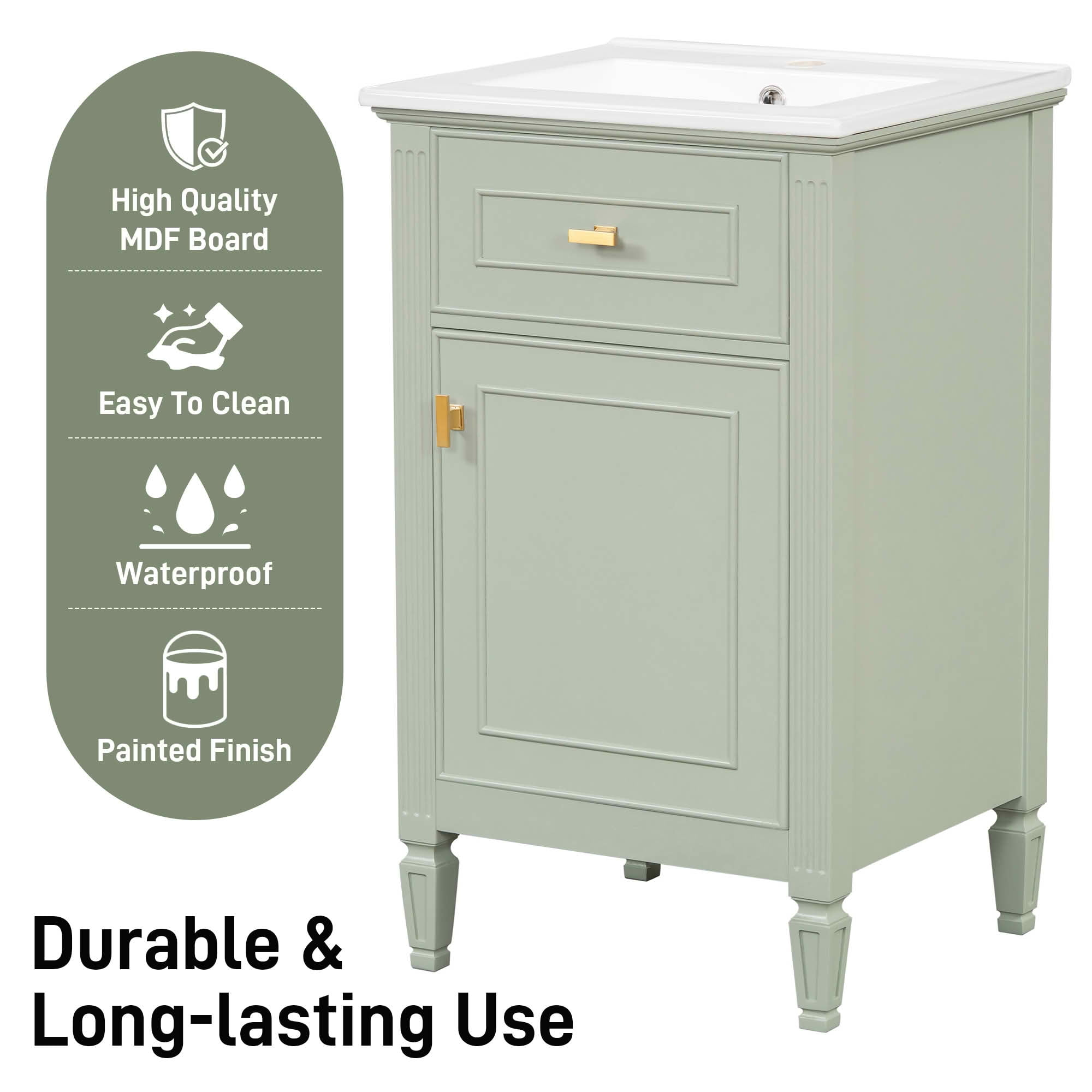 MAYEERTY 20-Inch Bathroom Vanity with Sink, Solid Wood Legs Adjustable Shelf Tilt-Out Drawer Zinc Alloy Knobs, Modern Freestanding Small Bathroom, Green