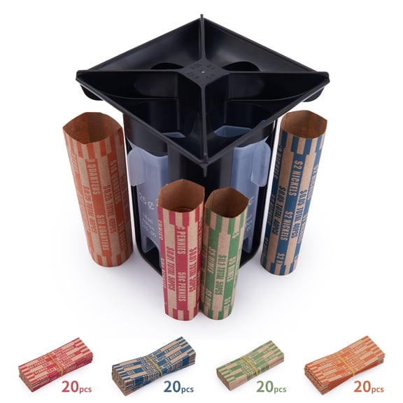 Qiucioku Coin Counter, Coin Sorter Tube, 4-in-1 Coin Sorter and Wrapper Machine, Change Counter Machine Coin Roller with 80 PCS Coin Wrappers