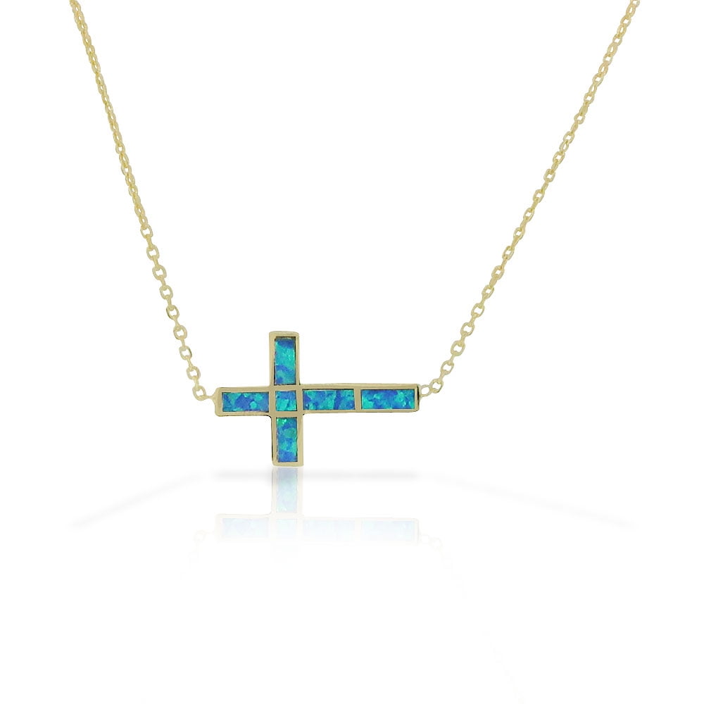 925 Sterling Silver Green Blue Simulated Opal Sideways Cross Pendant Necklace