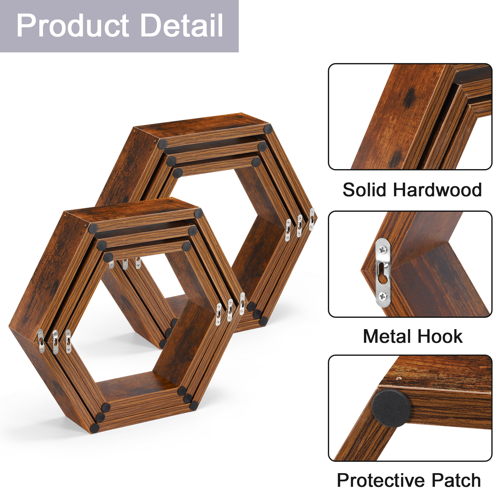 Hexagon Floating Shelves Set of 6 Honeycomb Shelves for Wall, Burnt Brown