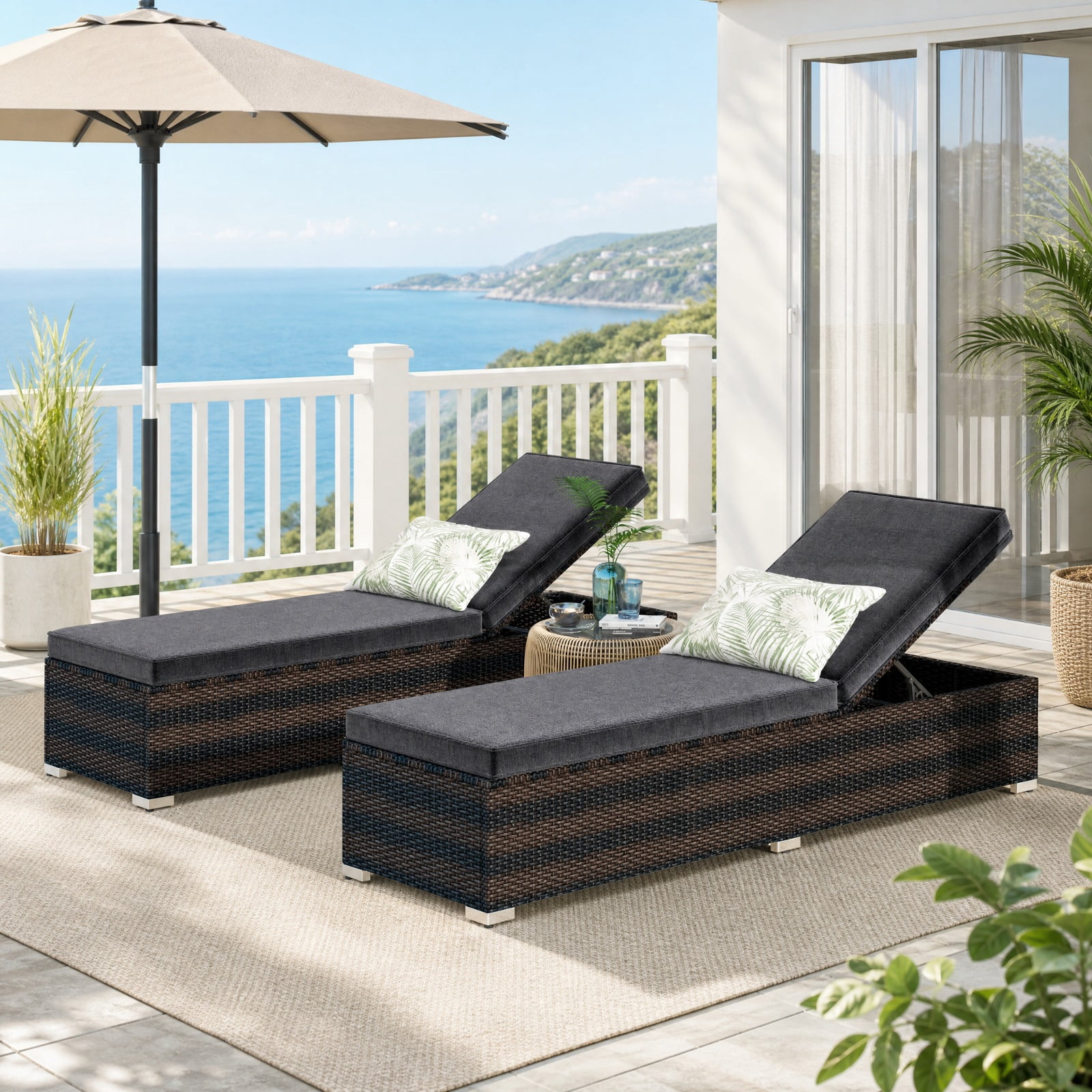 Furnibear Patio Wicker Lounge Chair with 4 Level Adjustable Backrest Long Seat Cushion PE Rattan Weave and Metal Frame for Poolside, Brown