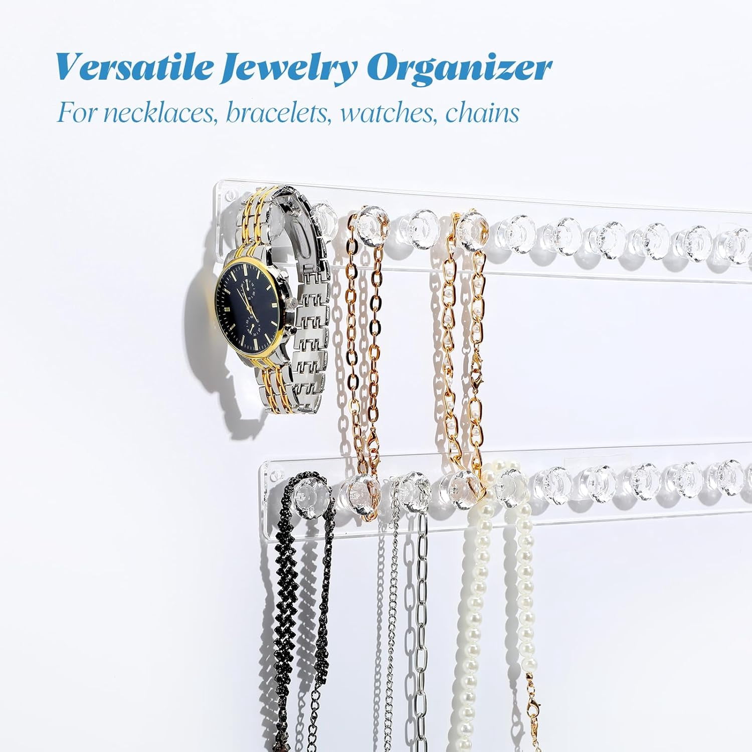 ABPETE Acrylic Necklace Holder, Necklace Hanger Wall Mount, Diamond Shape Jewelry Organizer with 12 Hooks for Necklaces, Bracelets, Chains,Clear Crystal Display Rack for Women(4-Pack)