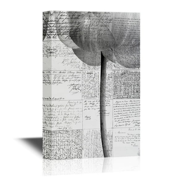 wall26 Black and White Canvas Wall Art - Lotus Flower with Retro Style Background - Gallery Wrap Modern Home Art | Ready to Hang - 12x18 inches