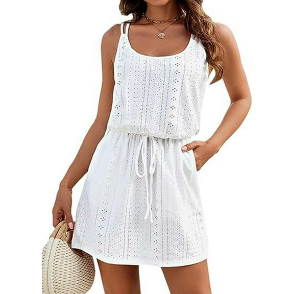 Cagogo Women Spaghetti Strap Boho Swim Cover Up Sleeveless Hollow Out Bathing Suit Beach Dress Summer Swimwear Coverups